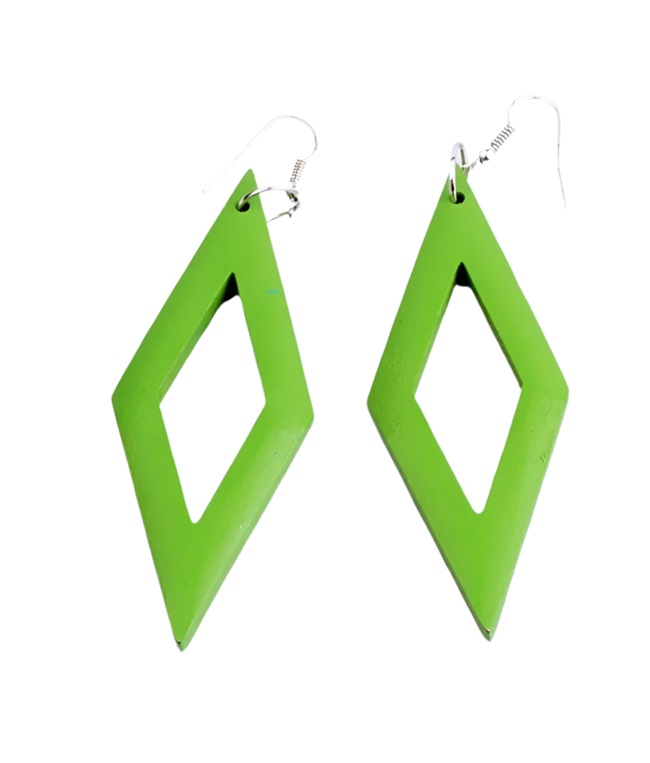 Green diamond shaped earrings - wooden