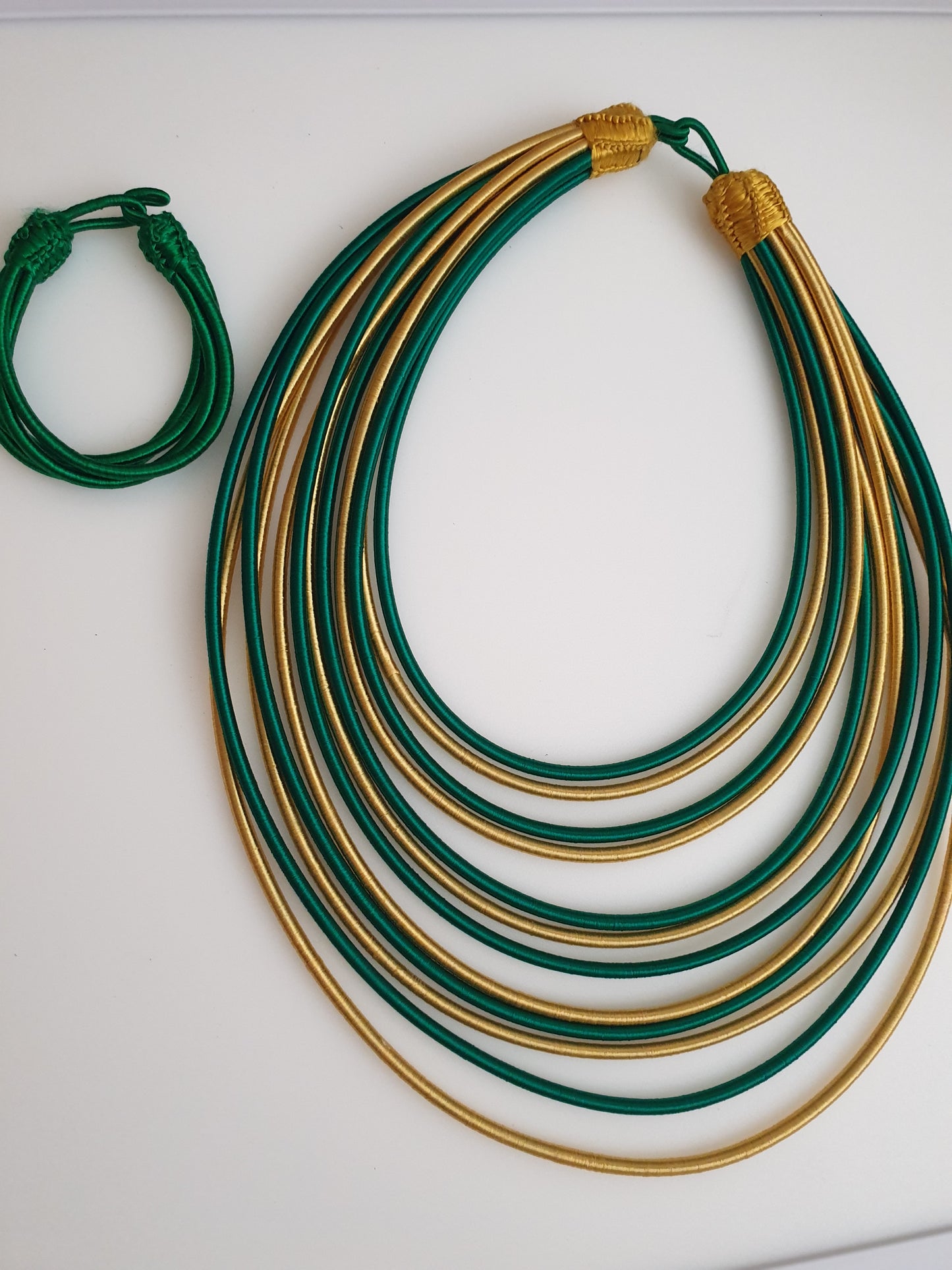 12 Strand silk layered necklace - Green and Gold