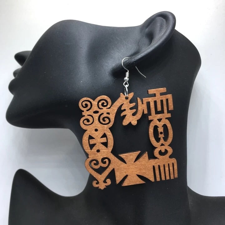 Adinkra Symbol Wood Earrings - Coffee coloured