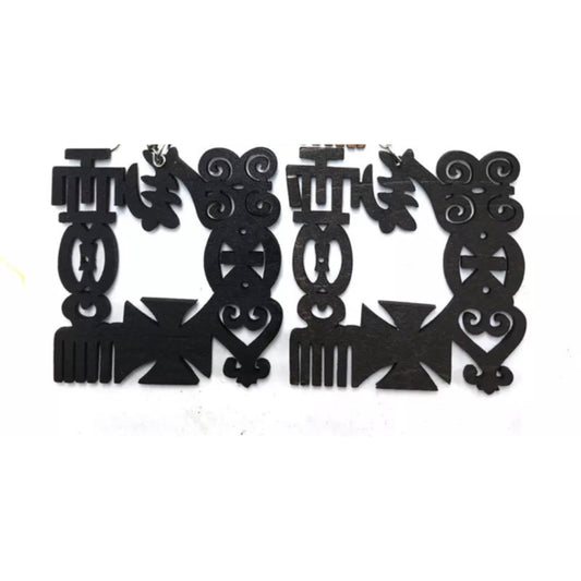 Adinkra Symbol Wood Earrings - Black